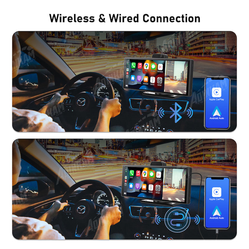 Adinkam 10 Inches Portable Carplay V30S  | Apple Carplay+Android Auto with Dash Cam | 4K Front Camera+1080p Rear Camera | FM, Screen Split Mode | 32GB TF Card Included