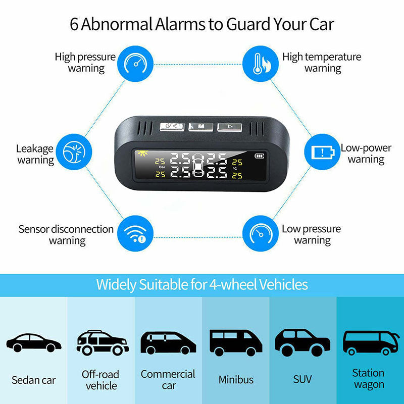 Tyre Pressure Monitoring System | Solar Wireless Car TPMS + 4 External Sensor with Temperature and Pressure LCD Display Auto Alarm Real-Time Detection