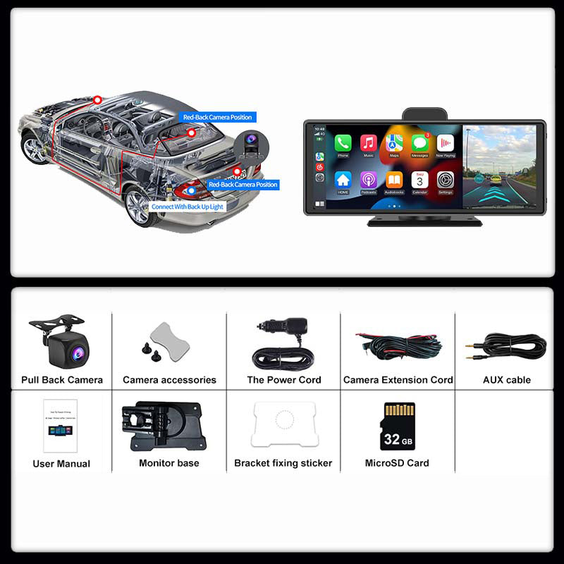 Adinkam 10 Inches Portable Carplay V30S  | Apple Carplay+Android Auto with Dash Cam | 4K Front Camera+1080p Rear Camera | FM, Screen Split Mode | 32GB TF Card Included